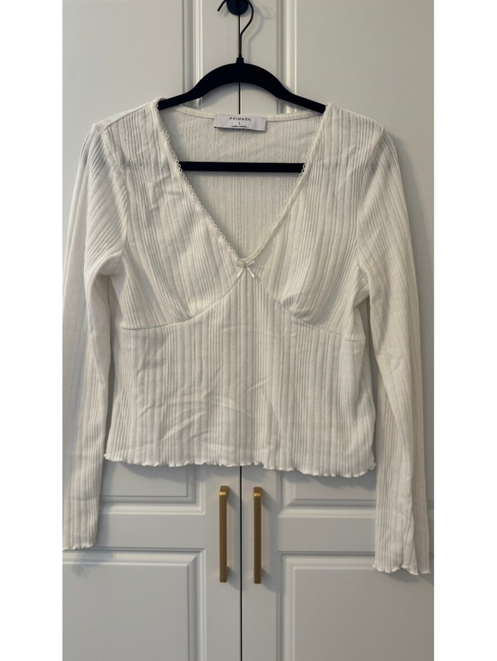 Primark White Long Sleeve Cottagecore V Neck Ribbed Blouse Size L